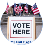 Vote here signs with american flags 