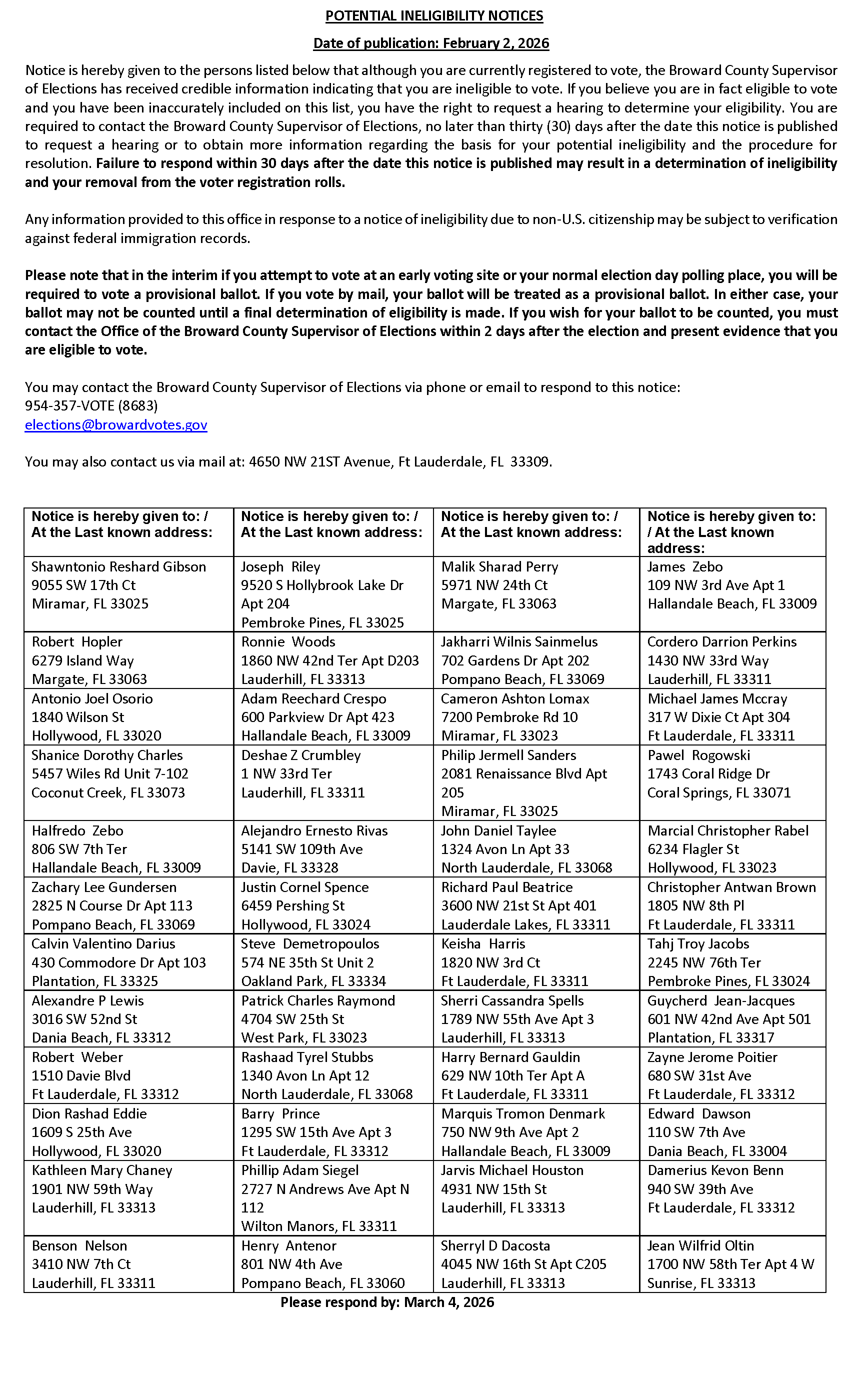 Potential Ineligibility Notices, published 02/02/2026, Please respond by March 4, 2026