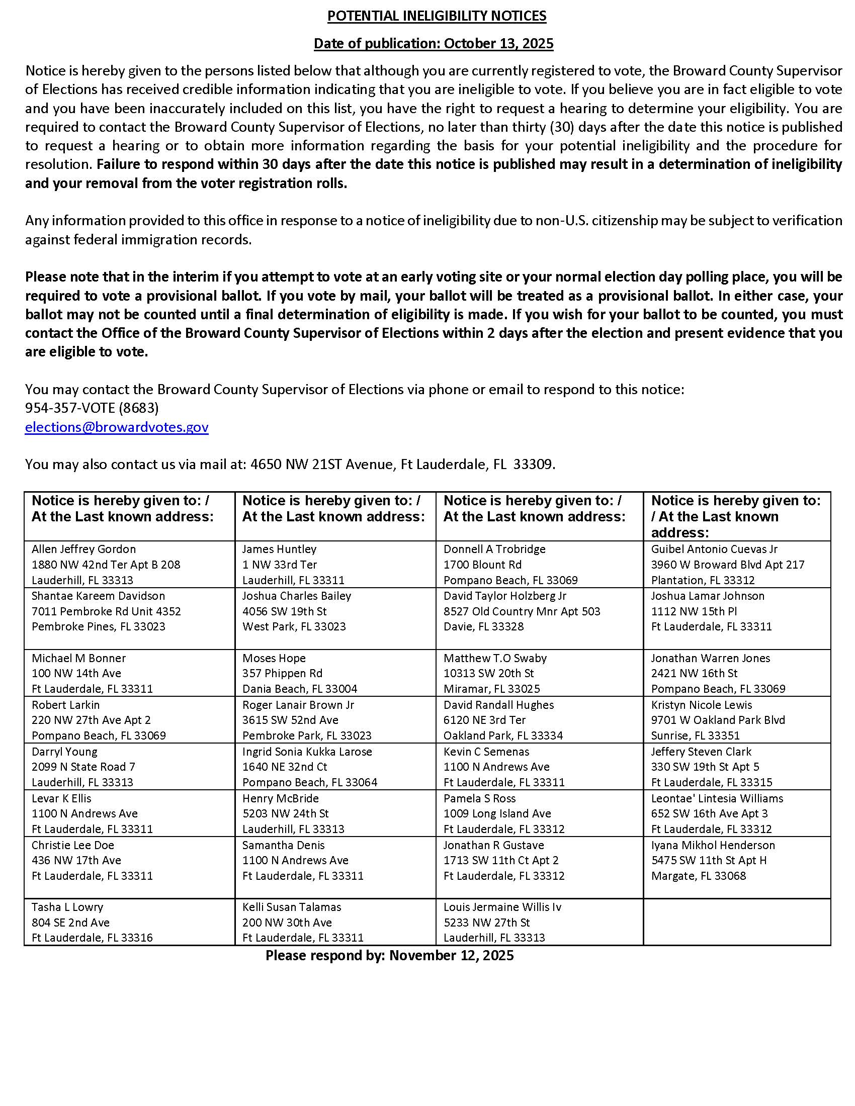POTENTIAL INELIGIBILITY NOTICES 10/13/25