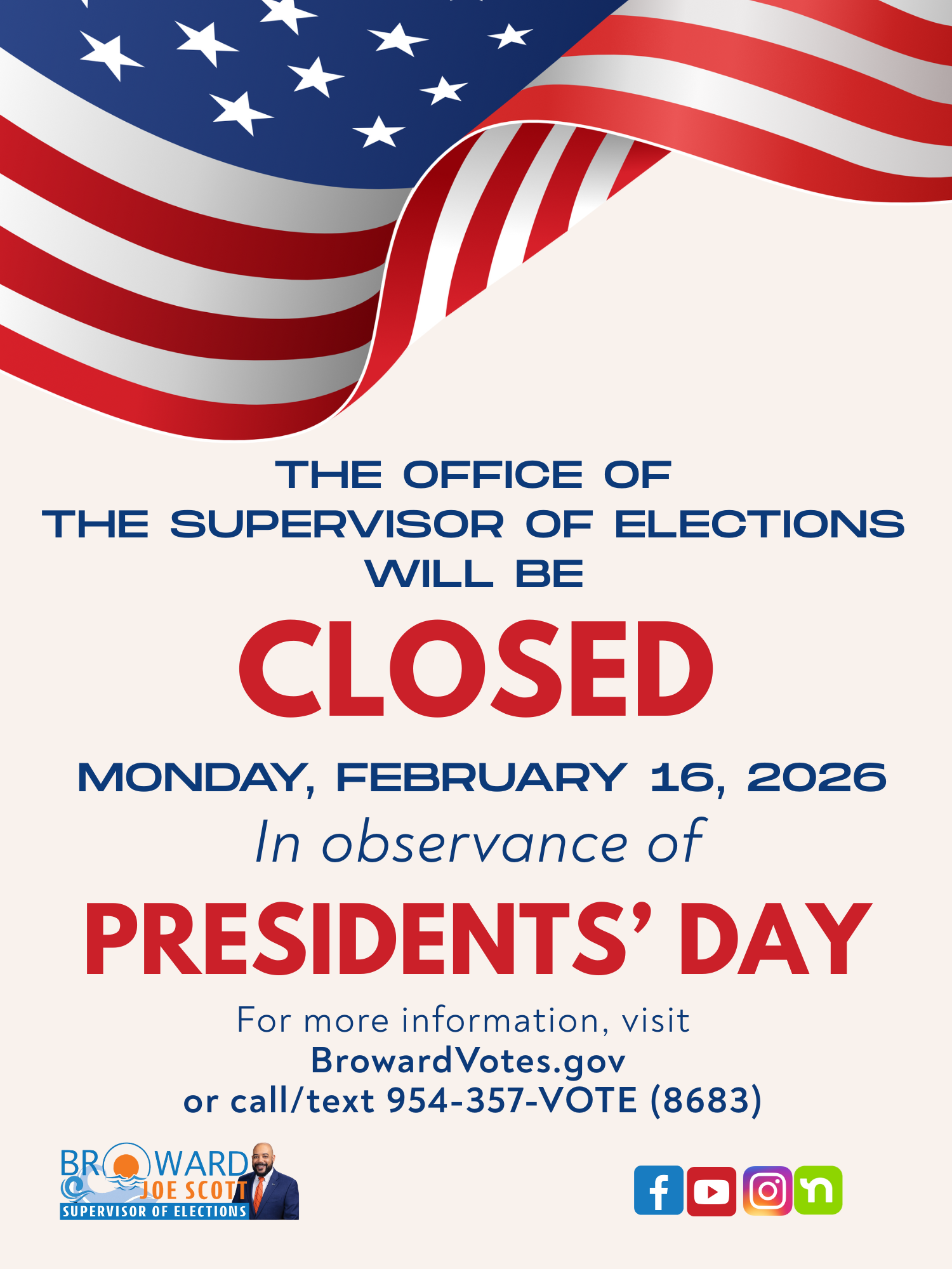 Office closure, Monday February 16, 2026 for Presidents' Day