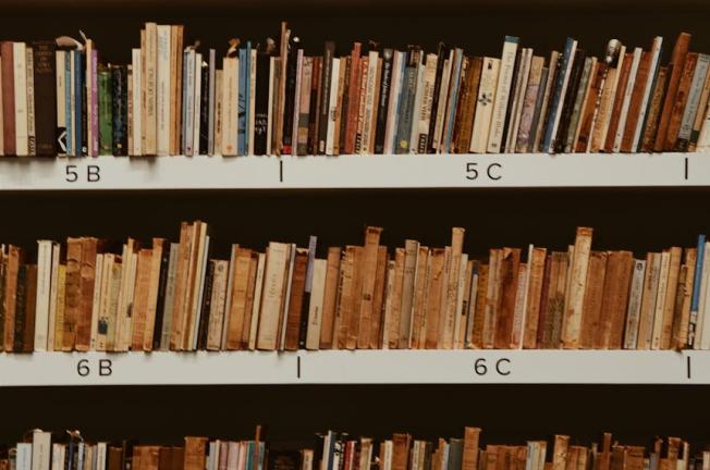 A well-organized bookshelf in a library with assorted books neatly placed.