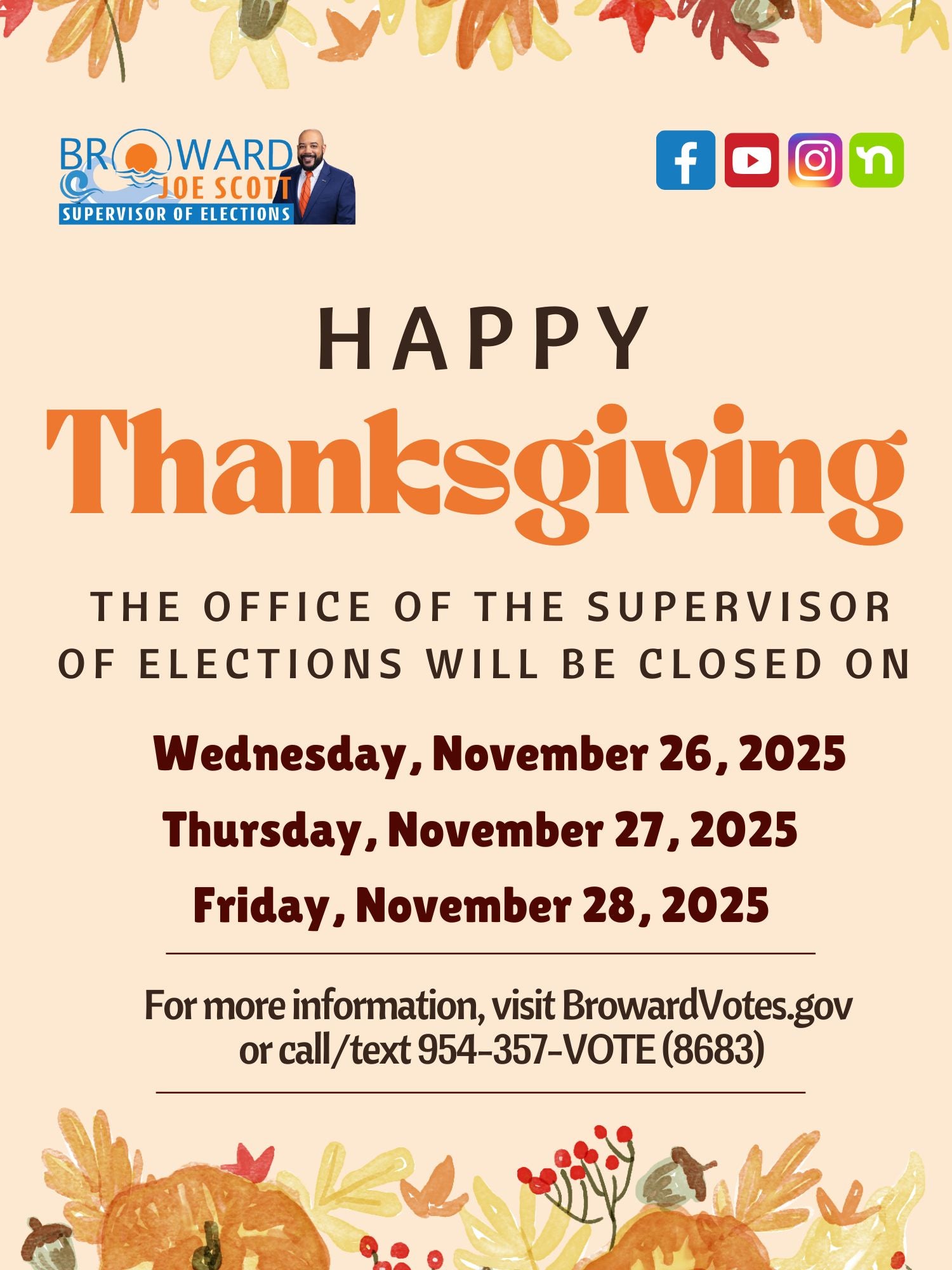 2025 Thanksgiving Holiday Flyer- Office Closed November 26, 27 and 28.